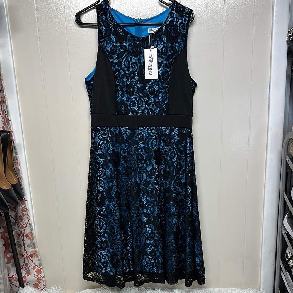 Lace Black and Blue Fit and Flare Midi Dress for Cocktail